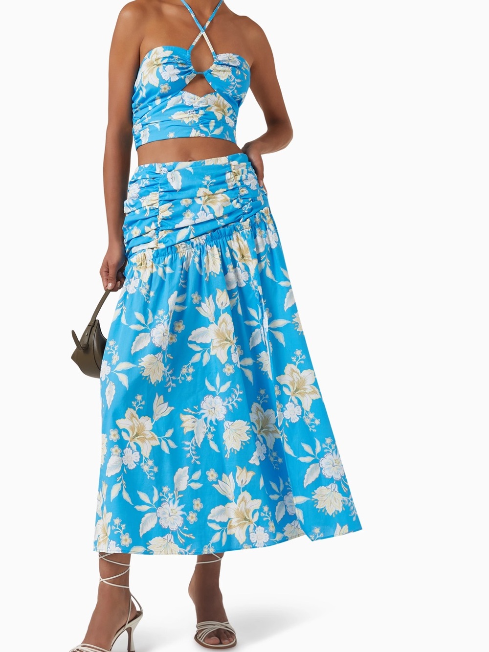 MINKPINK Zinnia Floral Halter Crop Top & Ruched Midi Skirt Set NWOT Size Small